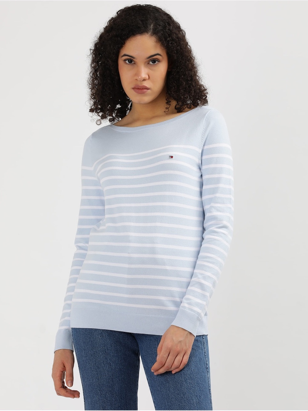 Tommy Hilfiger Light Blue and White Striped Boatneck Sweater - Size Large